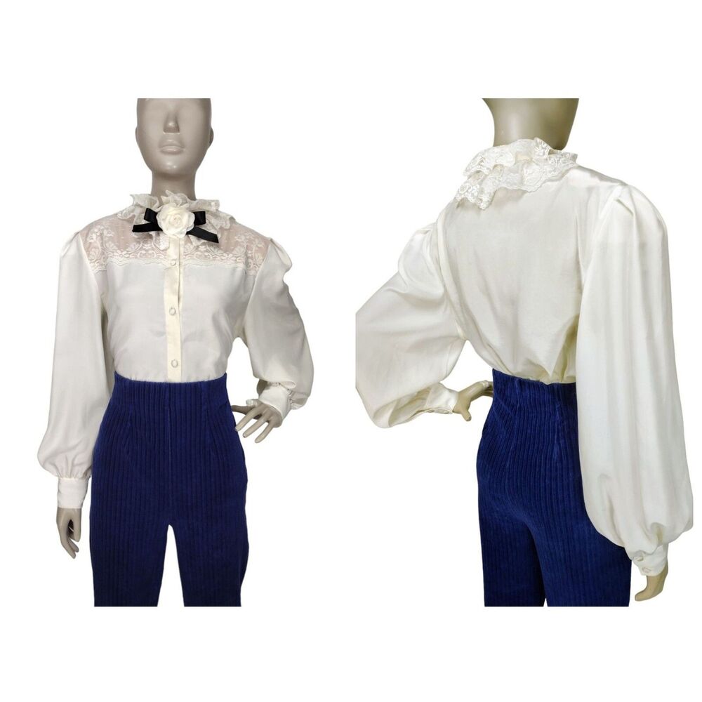 VTG Western Victorian Lace Ruffle Collar Yoke Puff Balloon Sleeve Prairie Blouse